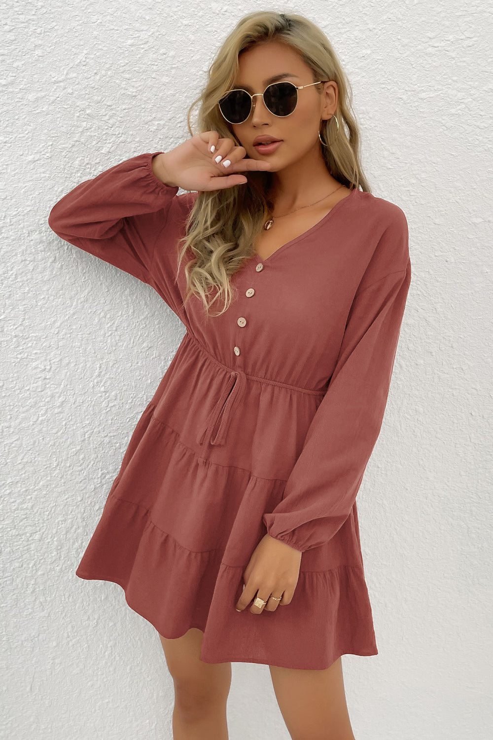 Button Front Tiered Mini Dress