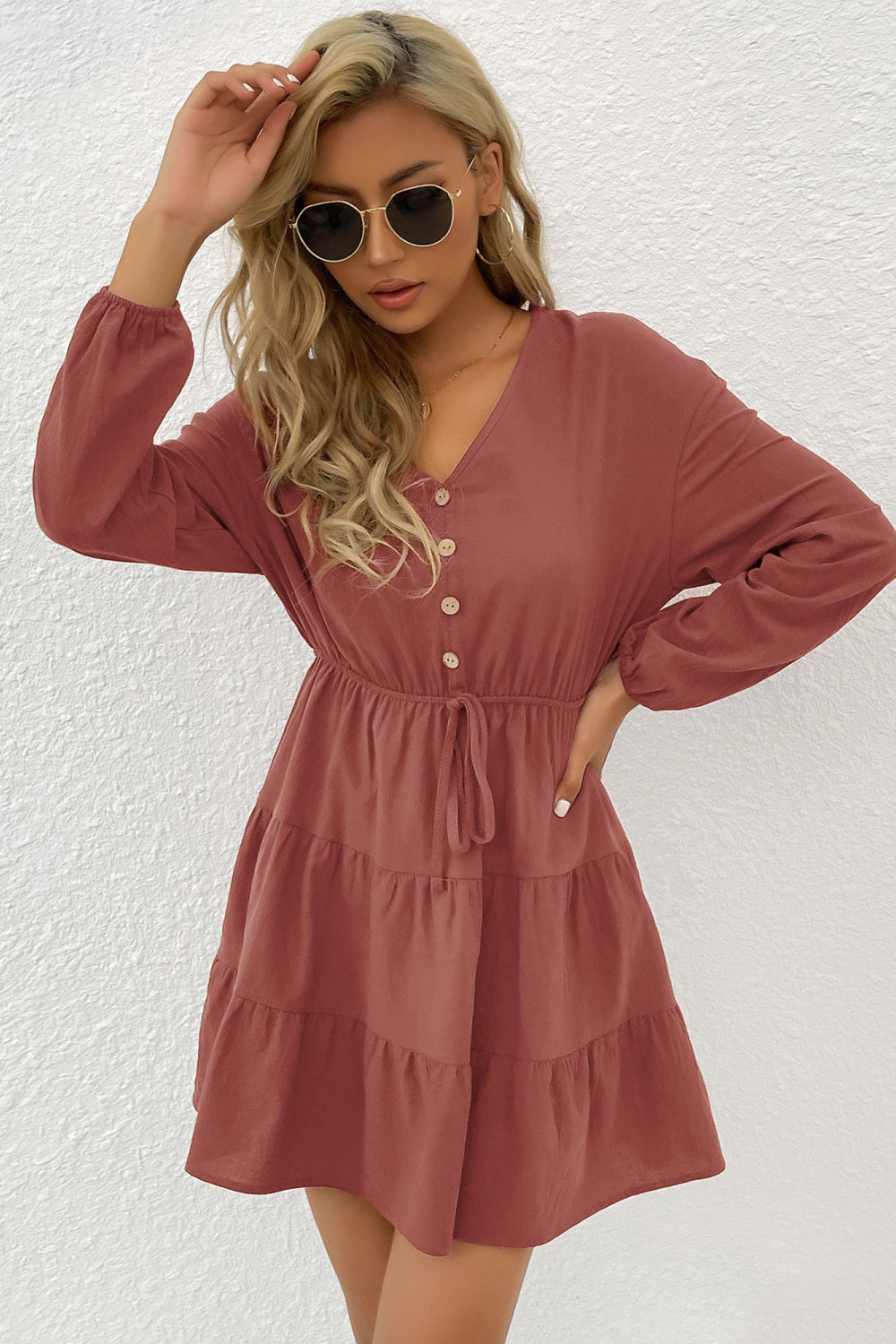 Button Front Tiered Mini Dress